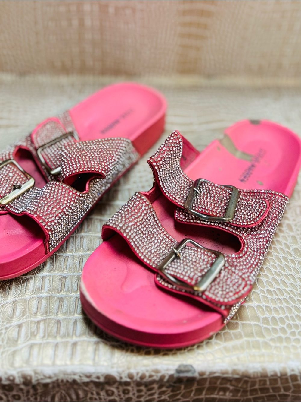 Steve Madden Pink Crystal Buckle Slide Sandals